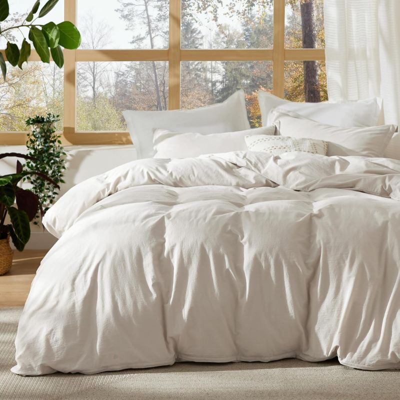 Bedsure 100% Stone Washed Cotton Duvet Cover King Size- Linen Color Minimalist Cotton Duvet Cover for All Seasons – GentleSoft™ Plain Simple Bedding, 3 Pieces (Linen, King, 104″x90″)