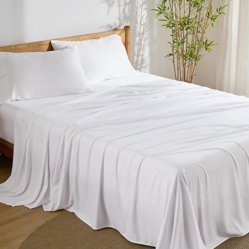 Bedsure King Size Sheet Set, Cooling Sheets King, Rayon Derived from Bamboo, Deep Pocket Up to 16″, Breathable & Soft Bed Sheets, Hotel Luxury Silky Bedding Sheets & Pillowcases, White